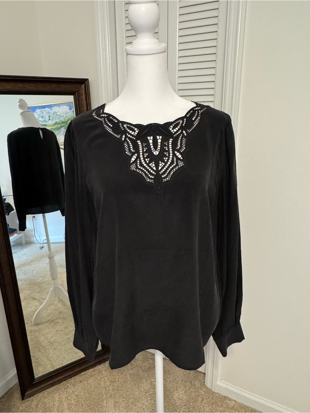Sezane Black Long Sleeve Blouse with Cutout Lace Yoke